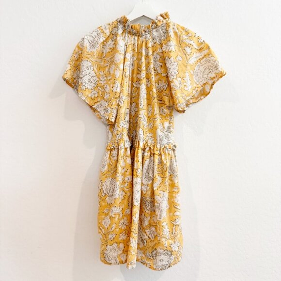 Floral 100% Cotton V-Neck Short Sleeve Ruffle Trim Flowy Mini Dress Boho Small - Picture 9 of 9